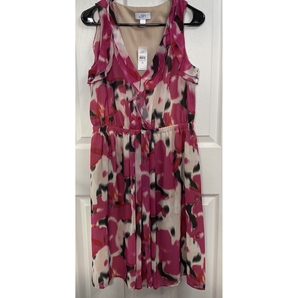ANN TAYLOR LOFT Pink&White Abstract Print Silky Dress Wedding Sz.6 Lined